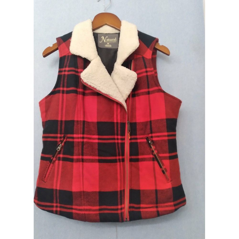 Natural Sherpa-Lined Buffalo Plaid Vest Red Black Cozy Winter‎ Layering Piece